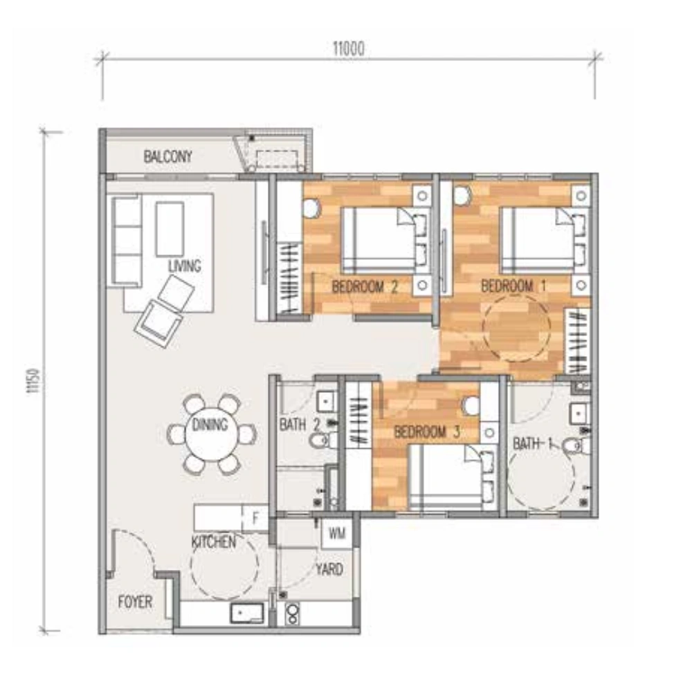 Type A floor plan with three bedrooms and two bathrooms